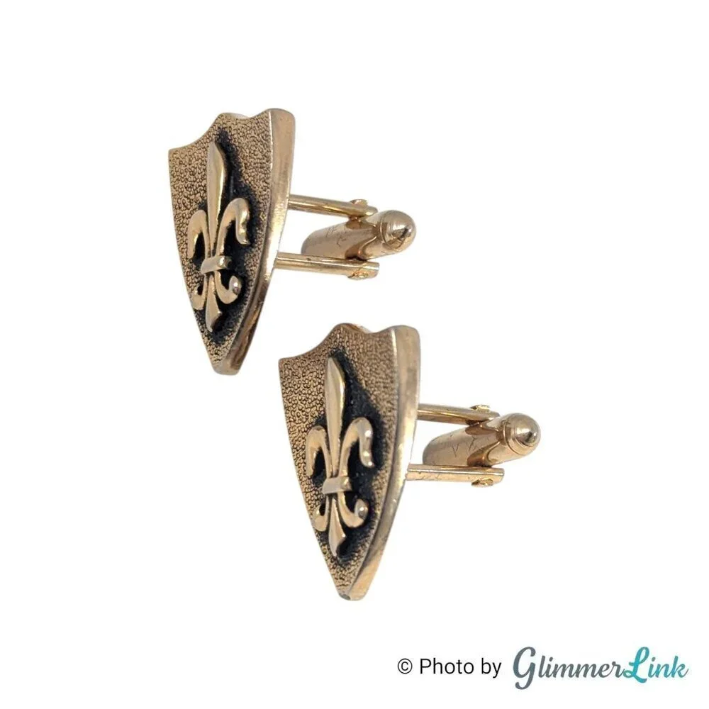 Vintage Heraldic Crest Shape Fleur de Lis Renaissance Themed Gold Tone Cufflinks